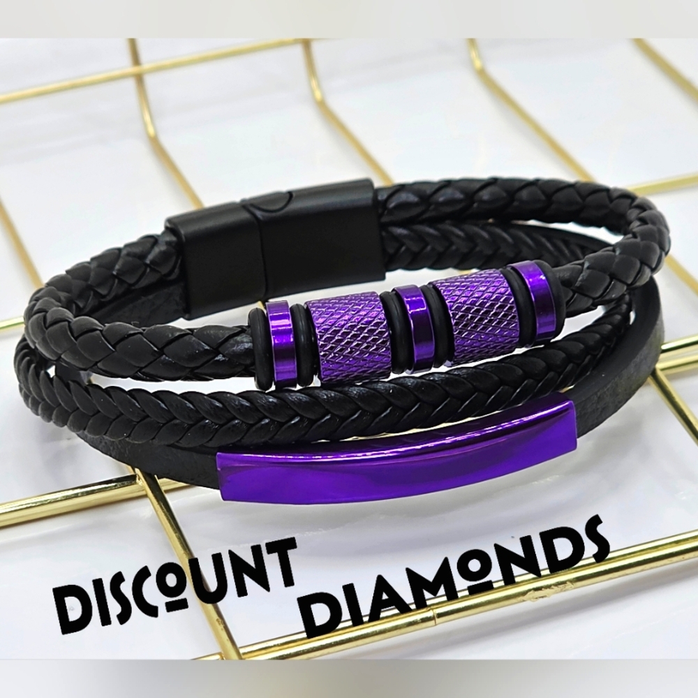 Purple Titanium Braded Black Leather Trinity Bracelet 